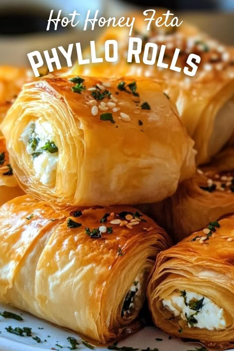 Breakfast Recipes: Hot Honey Feta Phyllo Rolls Phyllo Goat Cheese Appetizers, Phyllo Dough Air Fryer Recipes, Hot Honey And Feta Filo Bites, Brie And Phyllo Appetizer, Phyllo Pizza Rolls, Baked Feta Phyllo, Phyllo Appetizers Easy, Phyllo Dough Roll Ups, Apple And Phyllo Recipes