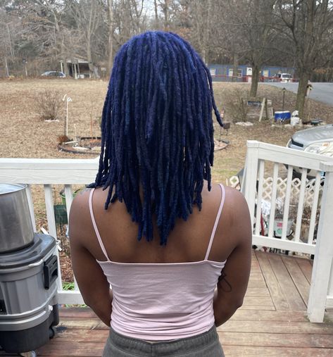 Navy Blue Locs, Blue Dreads Black Women, Dark Blue Locs Black Women, Blue And Blonde Locs, Dark Blue Braids, Midnight Blue Locs, Dark Blue Locs, Blue Locs, Purple Locs