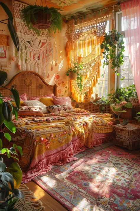 Nature Inspired Bedroom Bohemian, Bohemian Studio Decor, Colorful 70s Bedroom, Colorful Bedroom With Plants, Pink Orange And Yellow Boho Bedroom, Pink Orange Yellow Decor, Bohemian Pink Bedroom, Earthy Colorful Bedroom, Light Yellow Wall Bedroom