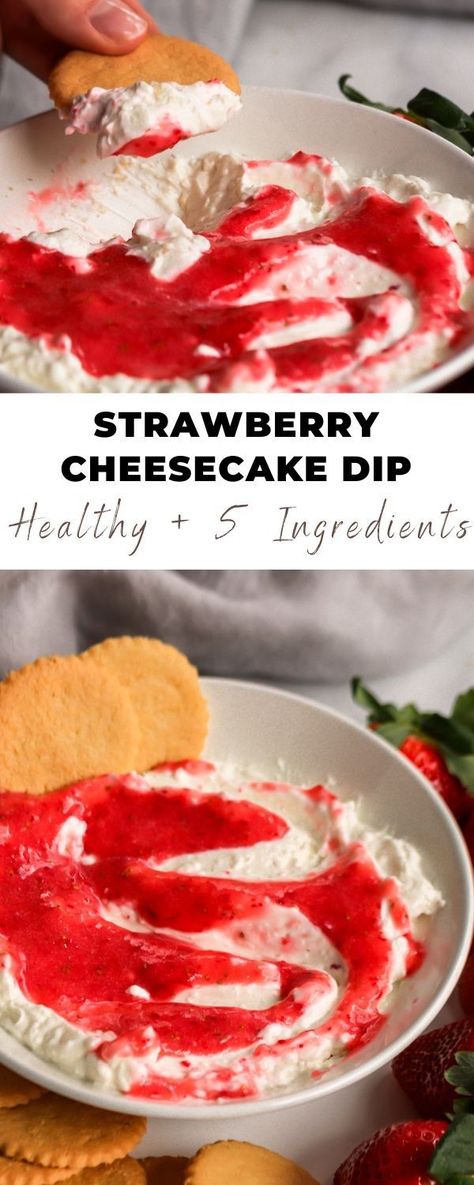 This easy 5 ingredient Strawberry Cheesecake Dip has a healthy spin-off made with Greek yogurt and is absolutely delish! #strawberry #cheesecake dip #healthy dessert Greek Yogurt Dessert Dip, Healthy Dessert Recipes Low Calorie, Healthier Deserts, Strawberry Cheesecake Dip, Easy Appetizers For A Party, Gut Friendly Recipes, Probiotic Recipes, Cholesterol Friendly Recipes, Greek Yogurt Dip