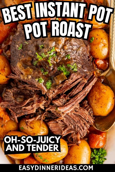 Our family's favorite instant pot pot roast is an easy and delicious one-pot meal. With tender beef, potatoes and carrots in a thick, savory beef gravy, this hearty instant pot roast recipe is ready in a fraction of the time! Pressure Cooker Roast, Pressure Cooker Pot Roast, Instant Pot Roast, Oven Beef Stew, Instant Pot Pot Roast, Chuck Roast Recipes, Instapot Meals, Beef Tenderloin Roast, Searing Meat