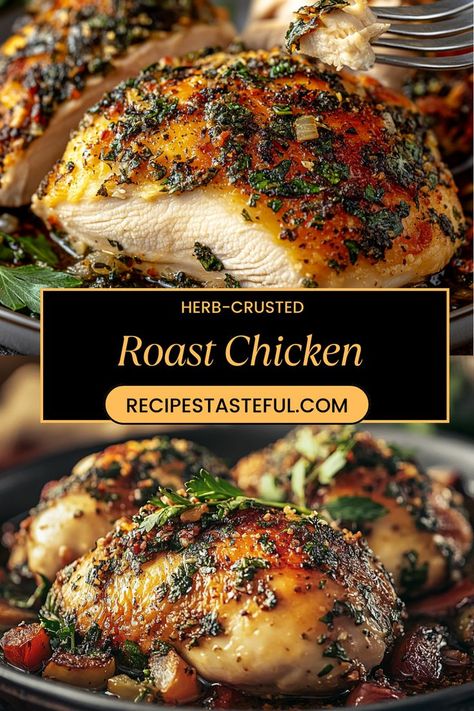 This Herb-Crusted Roast Chicken is a delicious, comforting dish featuring a perfectly roasted chicken coated in a fragrant herb butter, accompanied by crispy garlic potatoes. It's a crowd-pleaser that's perfect for family dinners or special occasions. Herb Roasted Chicken Whole, Whole Rosemary Chicken, Christmas Eve Dinner Gluten Free, Garlic Herb Roasted Chicken, Roast Chicken Cooking Times, Herbed Roasted Chicken, Roasted Christmas Chicken, Christmas Roasted Chicken, Christmas Roast Chicken Recipes