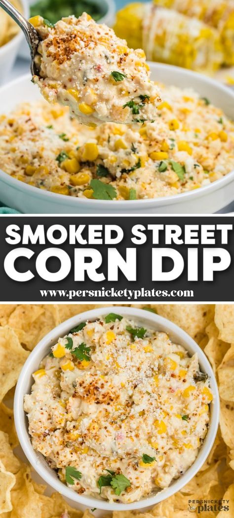 This one pan creamy smoked street corn dip is made with Fiesta and Southwest canned corn and a creamy base of Greek yogurt, cream cheese, and melty Pepper Jack cheese. Everything gets added to a pan and then placed in a smoker for a low and slow melt until ooey, gooey, and flavorful. | www.persnicketyplates.com Street Corn Dip With Cream Cheese, Street Corn Cheese Dip, Sweet Chili Cream Cheese Dip, Smoked Elote Corn Dip, Jalapeno Corn Dip With Cream Cheese, Smoked Taco Dip, Side Dishes For Grilled Cheese, Corn Dip Cream Cheese, Party Food Dips