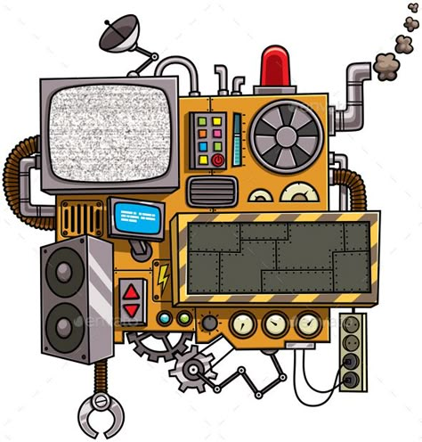 Fictional cartoon machine with copy space isolated over white background. Robot Drawings, Time Travel Machine, Machine Drawing, Room Box Miniatures, Adobe Illustrator Vector, Printed Circuit Board, Vintage Sewing Machine, Old Computers, Keys Art