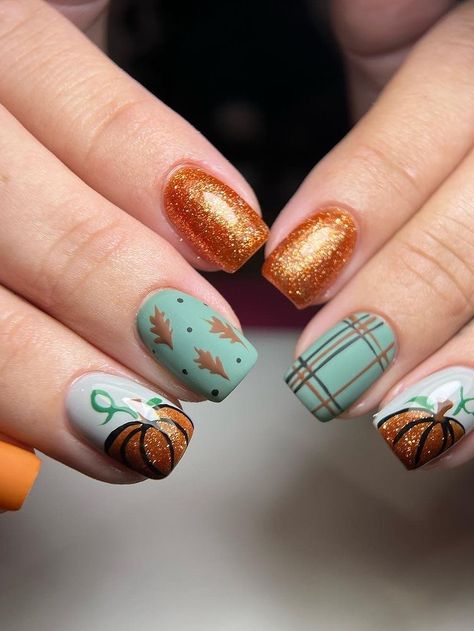 pumpkin nails: fall vibes Green Nails With Pumpkin, Green And Orange Fall Nails, Blue Pumpkin Nails, Fall Nail With Pumpkin, Leaf And Pumpkin Nails, Pumpkin And Leaves Nails, Fall Nails Pumkin, Pumpkin Nails Fall, Fall Pumpkin Nails