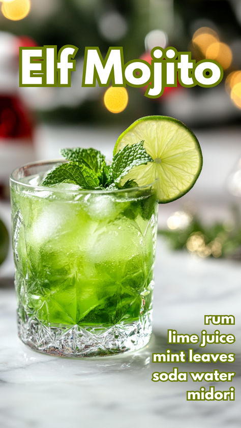 Elf Mojito Recipe Midori Drinks Recipes, 2 Ingredient Mixed Drinks, Elf Cocktail, Best Christmas Drinks, Christmas Mojito, Midori Drinks, Christmas Themed Drinks, Mixing Cocktails, Midori Sour