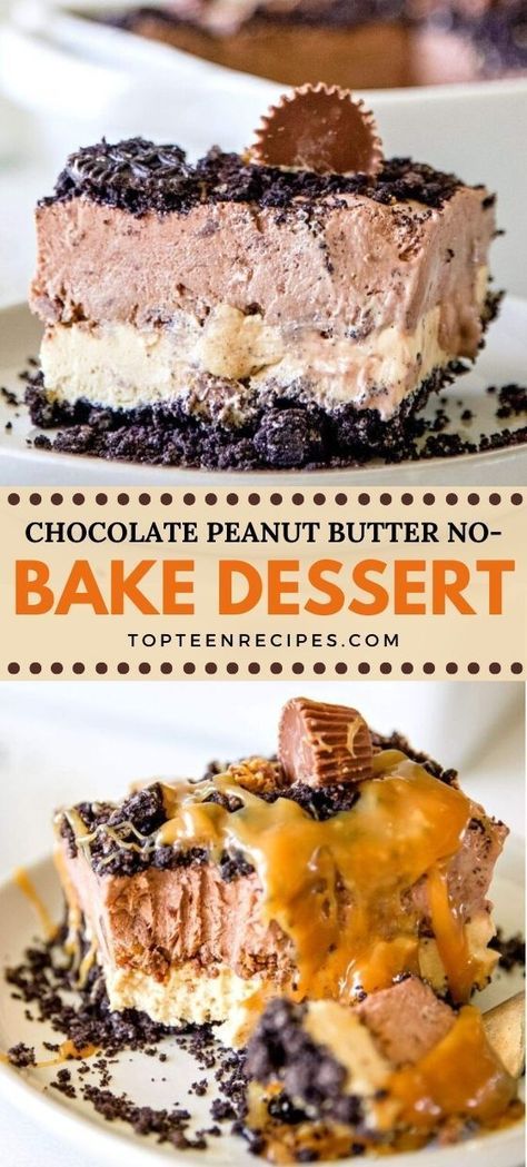 Layered peanut butter and chocolate desserts are a favorite in our house! This Chocolate Peanut Butter No-Bake Dessert is one of the most satisfying recipes you will find. It’s a mostly pudding dessert, with layers of whipped topping, peanut butter cheesecake, and a crunchy Oreo crust. Be sure to check out the alternative recipes included in this post for more chocolate desserts and unique ideas! Dessert Recipes With Pudding, Easy Chocolate Peanut Butter Desserts, Peanutbutter Dessert Easy, Quick Desserts No Bake, Peanut Butter Fluff Dessert, Peanut Butter Recipes Desserts, Desserts With Oreos, Peanut Butter And Chocolate Desserts, Reeses Dessert