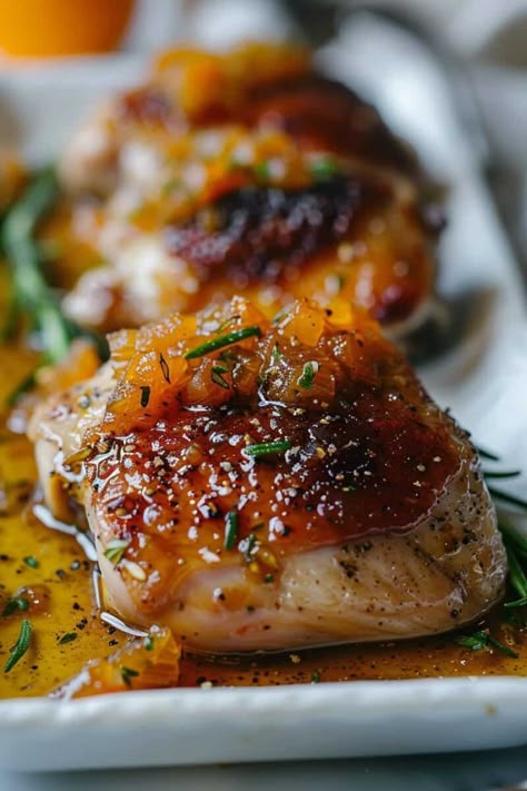 A detailed close-up of juicy, peach glazed chicken thighs arranged on a platter, emphasizing the caramelized glaze and fresh garnishes, showcasing the dish's appetizing texture and colors. Peach Chicken Thigh Recipes, Peach Chicken Thighs, Chicken With Peach Preserves, Peach Jam Chicken, Peach Glazed Chicken, Peach Chicken Recipes, Peaches Recipes, Glazed Chicken Thighs, Chutney Chicken