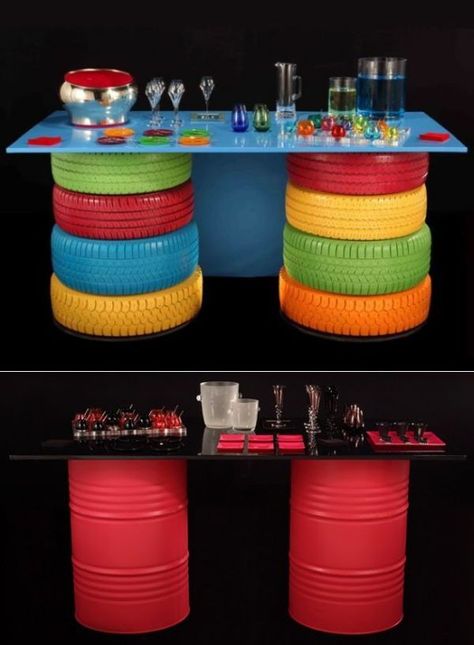 How to make colorful tables with old tires and waste drums #upcycle #recycle #recycling Tyre Craft, Kursi Ban, Tyre Ideas, Tire Ideas, Tire Projects, Tire Table, Tire Chairs, Reuse Old Tires, Tire Craft