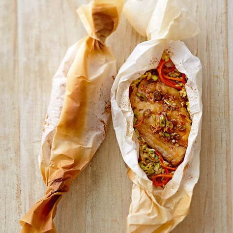 Ginger-Soy Red Snapper en Papillote | Williams Sonoma Oven Baked Snapper Fillets, Red Snapper Filet Recipes Baked, Red Snapper En Papillote, Cooking Red Snapper Filets, Baked Red Snapper With Garlic And Herbs, Parchment Paper Recipes, Papillote Recipes, Red Snapper Recipes, January Recipes