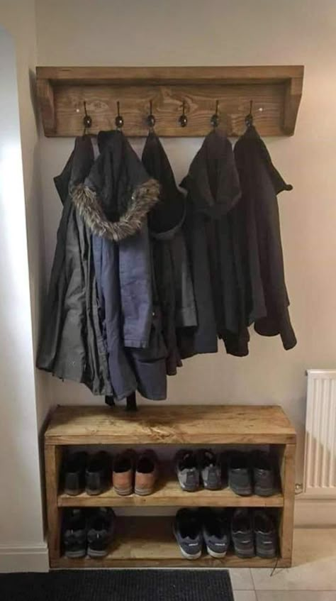 Small Space Coat Rack Entry Ways, Diy Rustic Coat Rack, Shoe Unit, Small House Storage, Coat And Shoe Storage, Stairs Renovation, Coat Storage, Mudroom Laundry Room, Mud Room Storage