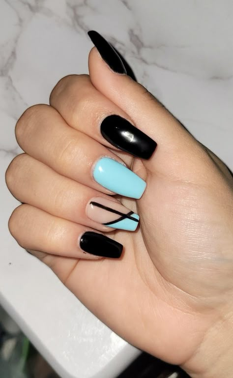 Blue Nails With Black Lines, Black And Blue Nails Acrylic Coffin, Black Blue Acrylic Nails, Gel X Nails Coffin Medium, Teal And White Nail Designs, Blue Nails For School, Black And Blue Nail Ideas Short, Black Blue And White Nails, Medium Coffin Shape Nails Designs