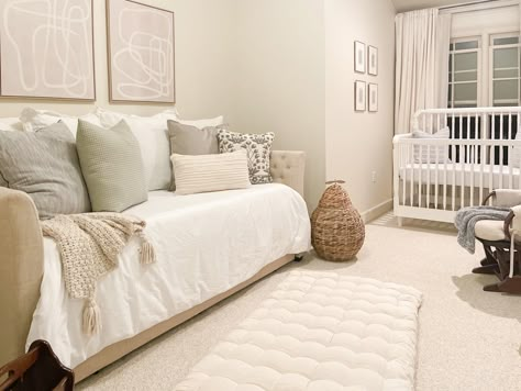 Nursery Day Bed Ideas, Picture Shelf Nursery, Day Bed Nursery Room, Cream Crib Nursery, Nursery Daybed Ideas, Dual Nursery And Guest Room, Day Bed And Crib Room, Daybed Styling Ideas Nursery, Nursery And Guest Room Combo Small Spaces