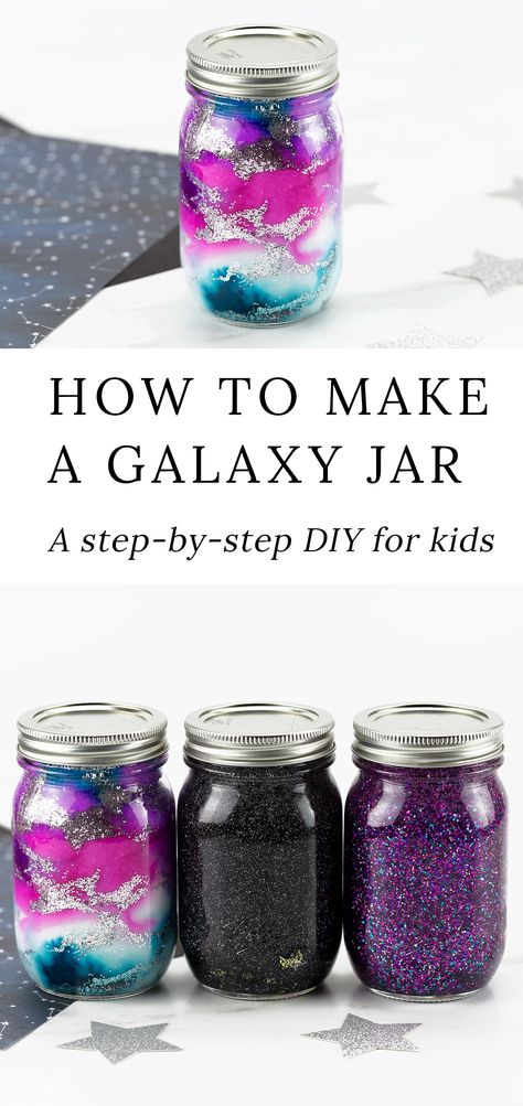 Galaxy Snow Globe Diy, Nebula In A Jar, Nebula Jars Diy, How To Make Galaxy Jars, Galaxy In A Jar Diy, Glow In The Dark Galaxy Jars, Diy Glitter Jars Calm Down, Galaxy Jar Craft, Galaxy Sleepover Party