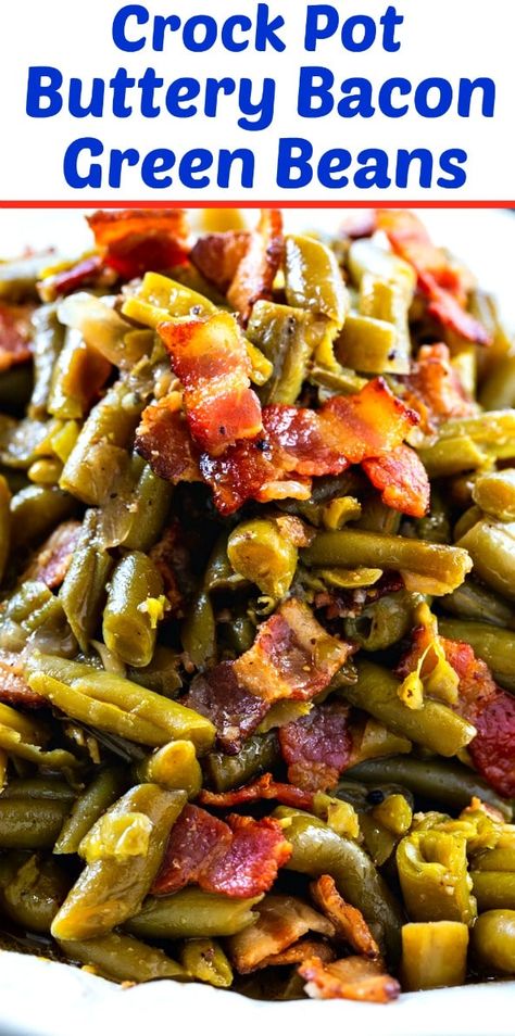 Crock Pot Buttery Bacon Green Beans- canned green beans never tasted so good! Copycat Green Beans Texas Roadhouse, Green Beans Texas Roadhouse, Texas Green Beans, City Bbq Green Beans Recipe, Texas Roadhouse Green Beans Crockpot, Texas Roadhouse Copycat Green Beans, Outback Green Beans Recipe, Easter Dinner Sides Dishes, Pitch In Side Dishes