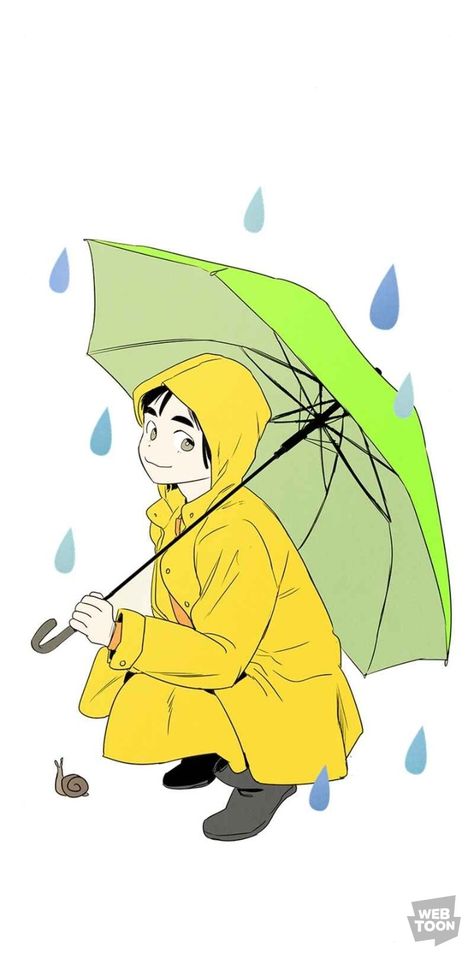 Miae wearing yellow raincoat and holding a green umbrella Poses With Umbrella Drawing, Anime Holding Umbrella, Holding Bread Reference, Person Holding Umbrella Reference Drawing, Raincoat Drawing Reference, Anime Umbrella Pose, Raincoat Reference, Miae Cheol Fanart, Character Holding Umbrella