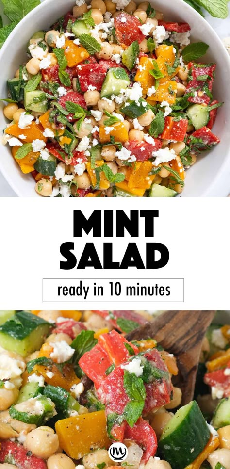 This quick salad with mint is delightful, filling and packed with flavor. The combination of chickpeas, veggies, fresh mint leaves and tangy dressing is perfect for summer! #mintrecipes #saladrecipes #glutenfreerecipes #sidedishes Fresh Mint Recipes, Mint Leaves Recipe, Mint Recipes Fresh, Mint Salad Recipes, Salad With Mint, Fresh Herb Recipes, Mint Salad, Mint Recipes, Herb Recipes