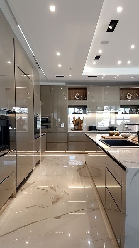 House Inspo Interior Design Modern, Marble Flooring Design Kitchen, Kitchen With Marble Floor, Glossy Kitchen Cabinets Modern, Dream Kitchen Ideas Luxury Modern, Kitchen Marble Floor, Contemporary Kitchen Design Luxury, Modern Mansion Kitchen, Kitchen Interior Design Modern Luxury