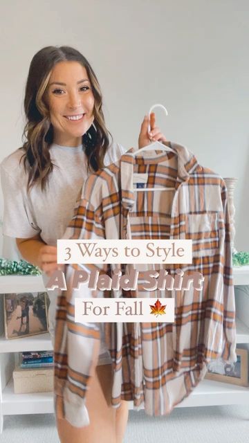 Plade Shirts Outfit Women, Oversize Plaid Shirt Outfit, Brown Plaid Shirt Outfit Women, Styling A Plaid Shirt, Plaid Oversized Shirt Outfit, Brown Plaid Top Outfit, Fall Outfits Plaid Shirt Flannels, Oversized Plaid Shirt For Fall, Brown Plaid Shirt Outfit