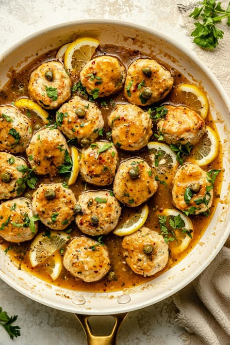 Chicken Piccata Meatballs, Meatball Dinner Recipes, Chicken Meatballs Healthy, The Defined Dish, Defined Dish, Meatball Dinner, Wholesome Recipes, Gluten Free Chicken, Chicken Piccata