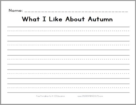 What I Like About Autumn - Free printable lined writing prompt for lower elementary education. Thanksgiving Homeschool, Journal Printouts, Printable Writing Prompts, Spring Writing Prompts, Hawaii Crafts, Spring Lesson Plans, Pre K Worksheets, Spring Lessons, Second Grade Writing