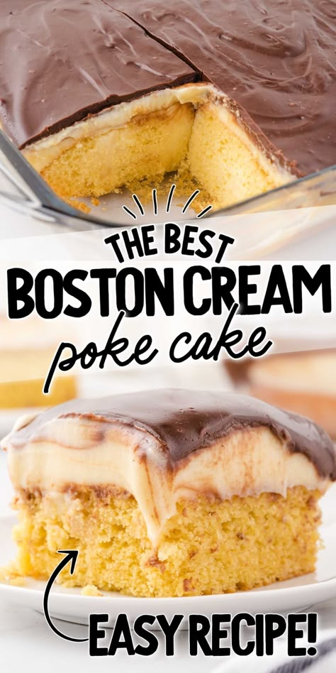 Boston Cream Pie Poke Cake, Boston Cream Poke Cake, Cream Poke Cake, Boston Cream Cake, Yellow Butter Cake, Rustic Rooms, Poke Cake Recipe, Boxed Cake Mixes Recipes, Chocolate Poke Cake