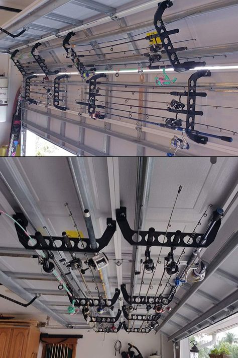 Transforms the inside of your garage door into a handy storage rack that can safely hold up to 6 fishing rods, brooms, gardening tools, hockey sticks, and more. Garage Broom Storage, Garage Door Fishing Rod Holder, Fishing Garage Ideas, Garage Door Storage, Fishing Pole Rack, Fishing Pole Storage, Broom Storage, Fishing Rod Storage, Rod Rack