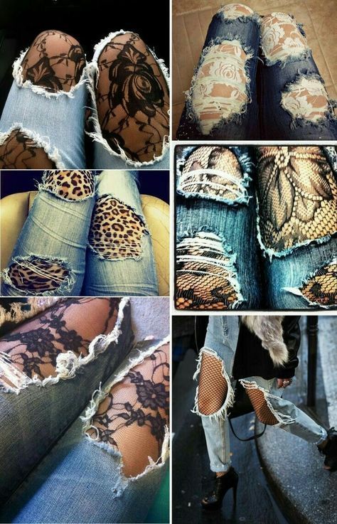 Lace Tights Under Ripped Jeans, Unique Jeans For Women, Ripped Jeans With Tights, Tights Under Ripped Jeans, Ripped Jeans Ideas, Tights Under Jeans, Ripped Clothes, Diy Womens Clothes, How To Style Ripped Jeans