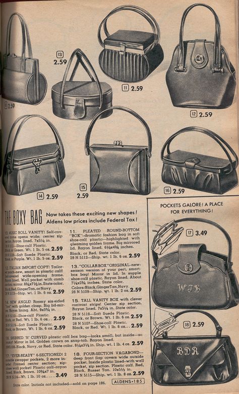 Aldens 1953-54 (12) | Rita Holcomb | Flickr Vintage Bags 1950s, Bag Catalogue, Bag Ads, Closet And Vanity, Bag Shapes, Boxy Bags, Purse Design, Retro Bags, Fashion 1950s