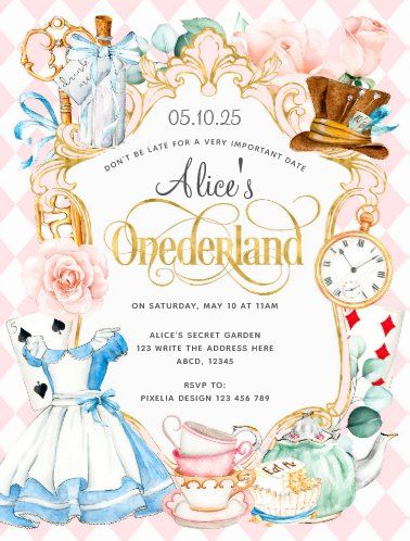 Wonderland Party Invitations, Wonderland Party Theme, Alice In Wonderland Invitations, Wonderland Invitation, Pink Girl Birthday, Alice In Wonderland Tea Party Birthday, Alice In Wonderland Cakes, Wonderland Birthday Party, Onederland Birthday Party