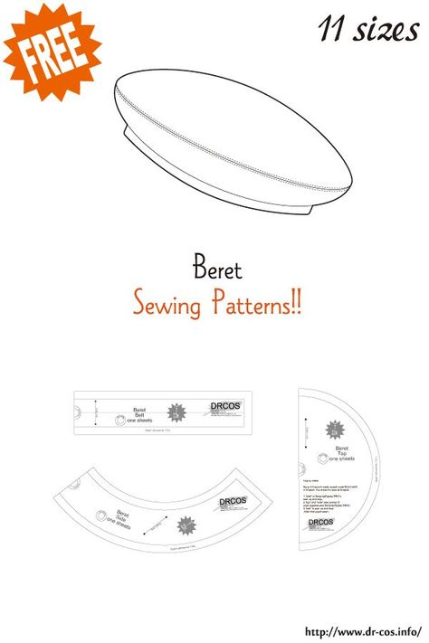 This is the pattern of Beret. inch size(letter size) 5-1/2,5-3/4,6,6-1/4,6-1/2,6 3/4,7,7-1/4,7-1/2,7-3/4,8 cm size(A4 size) 44,46,48,50,52,54,56,58,60,62,64 Added the number of fabric meters required for each size Beret Hat Pattern Sewing, Beret Sewing Pattern, Beret Diy, Pola Topi, Beret Pattern, Sewing Hats, Hat Patterns Free, Hat Patterns To Sew, Free Sewing Patterns