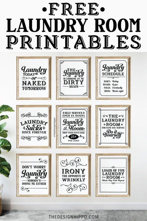 Farmhouse style free printables to decorate your laundry room. These vintage style wall art printables featuring funny quotes are perfect for DIY home decor on a budget. Quotes included - self service laundry open 24 hours, laundry today or naked tomorrow, laundry schedule, loads of fun laundry room wash, dry, fold, repeat and more. #freeprintable #diyproject #freelaundryprintable #funnyquotes #farmhouseprintable #vintage #homedecor #wallartprintable #laundrydecor Room Decor Printables, Hallway Farmhouse, Budget Quotes, Laundry Room Printables, Exterior Farmhouse, Laundry Schedule, Interior Hallway, Laundry Room Wall Decor, Bathroom Printables