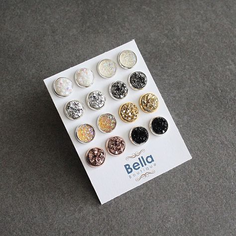 Stud Earring Set, Druzy Earring Set, Silver Earring Set, Rose Gold Earrings, Gold Stud Earrings, Earring Gift Set, Black Stud Earrings by BellaBoutiqueCrafts on Etsy Silver Earring Set, Large Gift Boxes, Teal Earrings, Black Stud Earrings, Resin Jewelry Diy, Valentines Earrings, Polymer Clay Jewelry Diy, Black Stud, Druzy Earrings