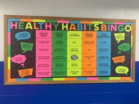 Fun Facts Bulletin Board, Health And Pe Bulletin Board, Healthy Habits Bingo, Health Class Bulletin Board Ideas, Physical Health Bulletin Board, Health Booth Ideas, Healthy Living Bulletin Board, School Nurse Bulletin Board Ideas Middle School, Phys Ed Bulletin Board Ideas