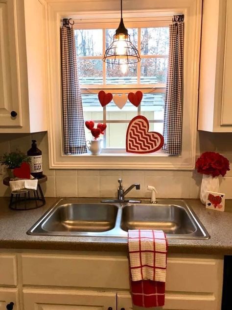 Valentines Decorations For Kitchen, Valentine China Cabinet Decor, Valentines Day Decorations Kitchen, Valentines Decor Kitchen, Valentines Decorating Ideas For The Home, Kitchen Valentines Decor, Kitchen Valentines Day Decor, Valentines Day Window Decorations, Valentine’s Day Living Room Decor