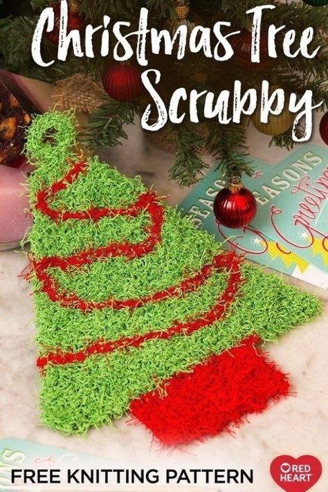 Tree Knitting Pattern, Pot Scrubbies, Christmas Tree Knitting, Scrubby Crochet Pattern, Christmas Tree Knitting Pattern, Scrubby Yarn Crochet, Projek Mengait, Free Knit Pattern, Heart Christmas Tree