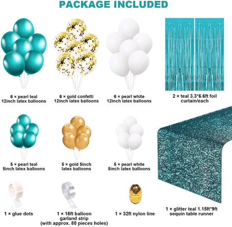 Teal And Gold Themed Birthday Party, Teal And Black Party, Teal 50th Birthday Party, Aqua Party Decorations, Teal Black And Gold Party Decorations, Turquoise And Gold Birthday Party Ideas, Teal White And Gold Party Decorations, Teal And Gold Graduation Party Ideas, Teal Bachelorette Party Decor