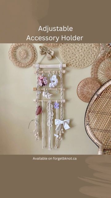 Ottawa Macrame & Fibre Artist / Brenda on Instagram: "Adjustable and customizable hair accessory holder on website now! Handmade beads keep dowels in place. Add two, three of four rods with wooden rings and clips. Ribbon snap clip 🎀 hanger is also an option. All pieces can be moved up or down on the side macrame depending on the size of your hair accessories. Extra rings also available. . Add Polaroid photos to the clips for a fun twist on wall decor! . What do you think??? . . . . . . . . . Hair Extension Holder Diy, Macrame Scrunchie Holder, Macrame Hair Accessories Holder, Macrame Claw Clip Holder, Claw Clip Holder, Hair Bow Hanger, Fibre Artist, Hair Clip Organizer, Hair Accessories Holder