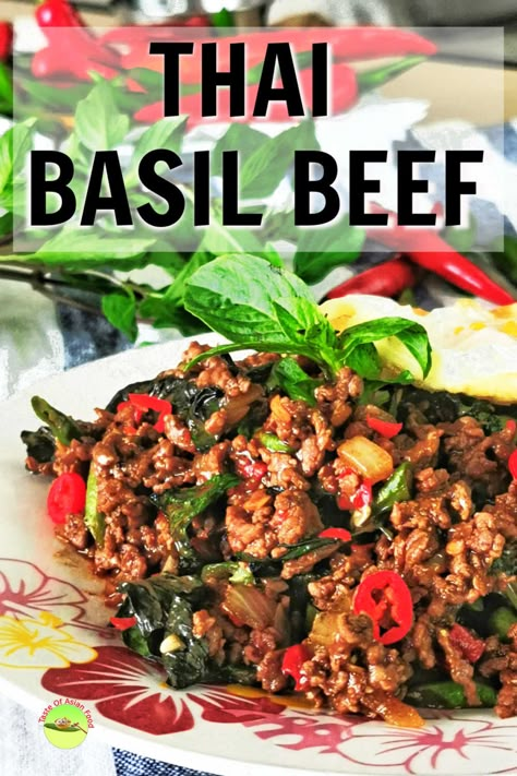 Thai basil beef (pad gra prow) made easy. A savory and spicy Thai street food prepared with basil, fish sauce, and chili.


Savory, spicy, and packed with the flavor of basil and fish sauce, that is what flashes across my mind when I think of Thai basil beef.
Thai basil beef is so versatile that it can be served as Thai basil beef noodles or Thai basil beef bowl top with a fried egg. Thai Basil Recipes, Basil Beef, Thai Basil Beef, Minced Beef Recipes, Beef Bowl, Thai Beef, Beef Noodles, Basil Recipes, Mince Recipes