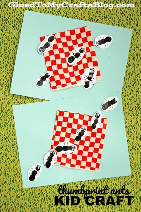 Thumbprint Ants Picnic Themed Kid Craft #gluedtomycrafts Picnic Crafts, Ant Picnic, Summer Crafts For Toddlers, Ant Crafts, June Crafts, Picnic Activities, Bugs Preschool, Insect Crafts, Picnic Theme