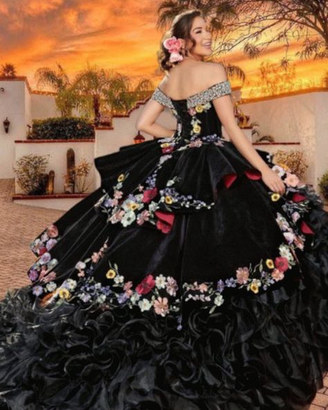 Black Charro Quince Dress. Floral Embroidery Decoration. Off-shoulder. Custom Made. Vestido Estilo Mexicano. Bordado. Hecho a La Medida. - Etsy Vaquera Quinceanera Dress, Black Charro Quince Dress, Traditional Quinceanera Dresses Mexican, Charro Dresses Quinceanera, Gothic Quinceanera, Black Quince Dress, Black Quinceanera Dress, Quinceanera Dresses Mexican, Black Quinceanera