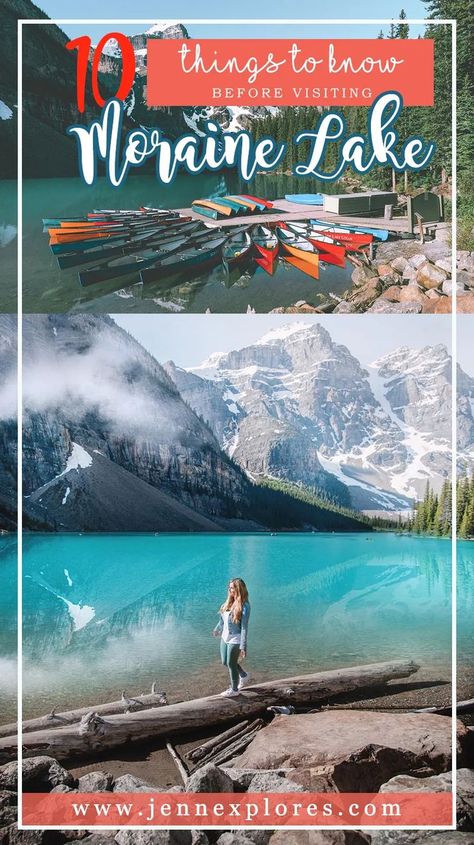 A girl walks by the lake in a mesmerizing setting. Here are mind-blowing mountains and vegetation there are also some boats Lake Morraine Canada, Moraine Lake Canada, Lake Moraine, Alberta Travel, Canada Travel Guide, Canadian Travel, Canada Road Trip, Moraine Lake, Visit Canada