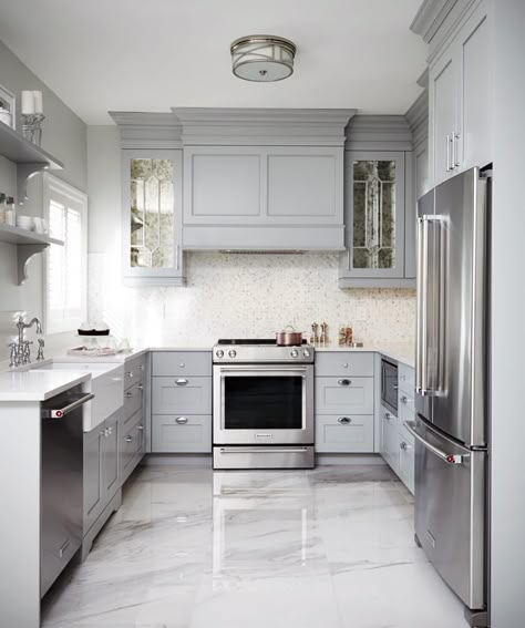 Emily Henderson Modern Tudor Kitchen What I Would Have Done Intergrated 12 1 Mirrored Kitchen Cabinet, Küchen In U Form, Серая Кухня, Herringbone Backsplash, U Shaped Kitchen, New Kitchen Cabinets, Marble Flooring, Cabinet Finishes, Grey Kitchen Cabinets