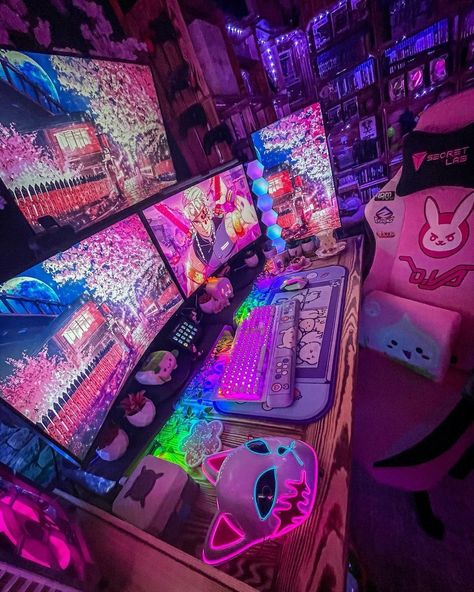 Neon Desk Setup, Neon Gaming Setup, Colorful Pc Setup, Rainbow Gaming Setup, Neon Room Aesthetic Ideas, Gaming Set Up, Gaming Desk Setup Ideas, Streamer Room, Aesthetic Gaming Room