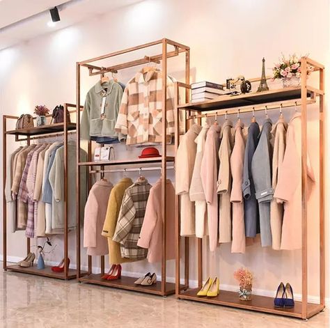 Clothing store rack height cabinet combination men's and women's clothing store shelves hanging rack double clothing rack _ - AliExpress Mobile Free Standing Coat Rack, Industrial Clothing, Coat Rack With Storage, Gold Shelves, Clothing Store Displays, Clothing Store Interior, Metal Clothes Rack, Clothing Store Design, Store Design Boutique