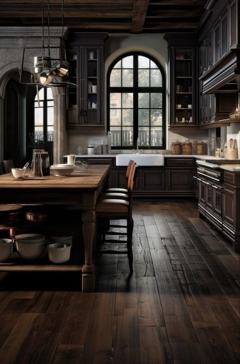 Mystical Kitchen, Real Farmhouse, Academia Interior, Fancy Apartment, Dark Academia Interior, Dark Wood Kitchens, Fancy Kitchens, Butcher Block Counter, Victorian Kitchen