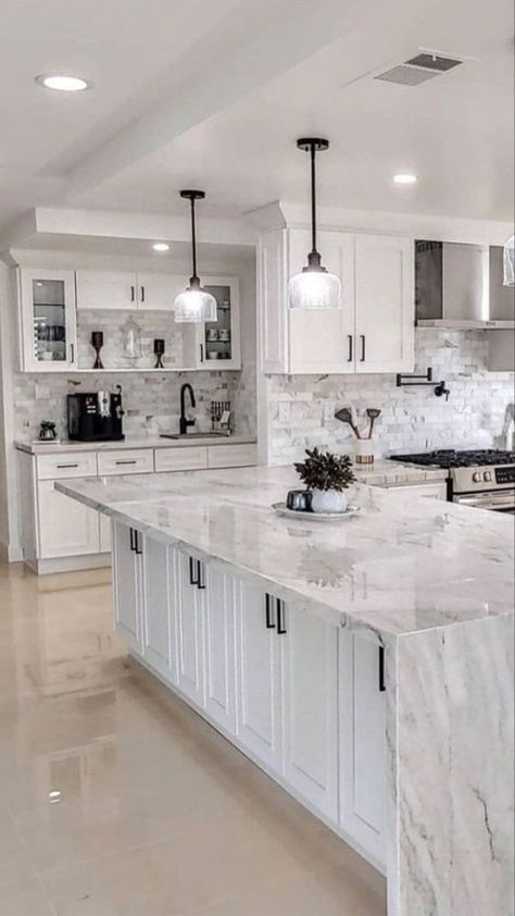 Marble Suppliers Sydney, Marble Benchtops, Kitchen Benchtops Modern Kitchen Counters, White Marble Kitchen, Kabinet Dapur, Kitchen Interiors, Dream Kitchens Design, Kitchen Remodel Inspiration, Kitchen Remodel Design, White Kitchen Design, Marble Counter