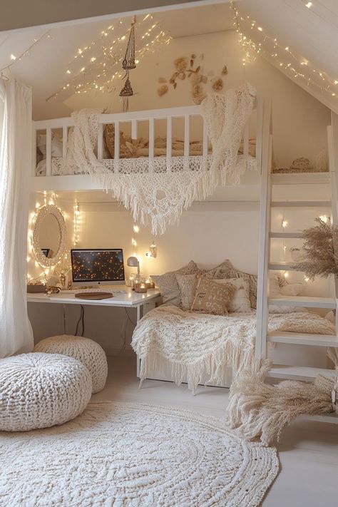 44 Bedroom Ideas for Teen Girls Who Love to Dream Room Inspiration Loft Bed, Loft Bed For Girls Room, Teen Girl Loft Bedroom Ideas, Loft Bed Rooms Decor Aesthetic, Future House Interior Bedrooms, Loft Bed Teen Room, Bed Room For Girl Room, Twin Bed With Canopy, Loft Bed Teen