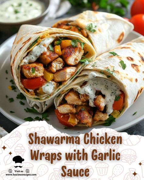 Indulge in these mouthwatering Chicken Shawarma Wraps with creamy garlic sauce—packed with bold spices, fresh veggies, and all the steps you need for the perfect wrap! Chicken Marinade For Wraps, Chicken Shawarma Recipe Garlic Sauce, Swarma Chicken Wrap Recipe, Easy Chicken Shawarma Recipe, Healthy Wraps Recipes, Schwarma Chicken, Chicken Hummus Wrap, Shawarma Wrap Recipe, Chicken Schwarma