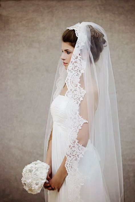 stunning French lace mantilla veil with a beautiful updo Mantilla Veil Updo, Updo Bridal Hairstyles, Veil Updo, Lace Mantilla Veil, Updo Bridal, Lace Mantilla, Mantilla Veil, Lace Veil, Wedding Veils Lace